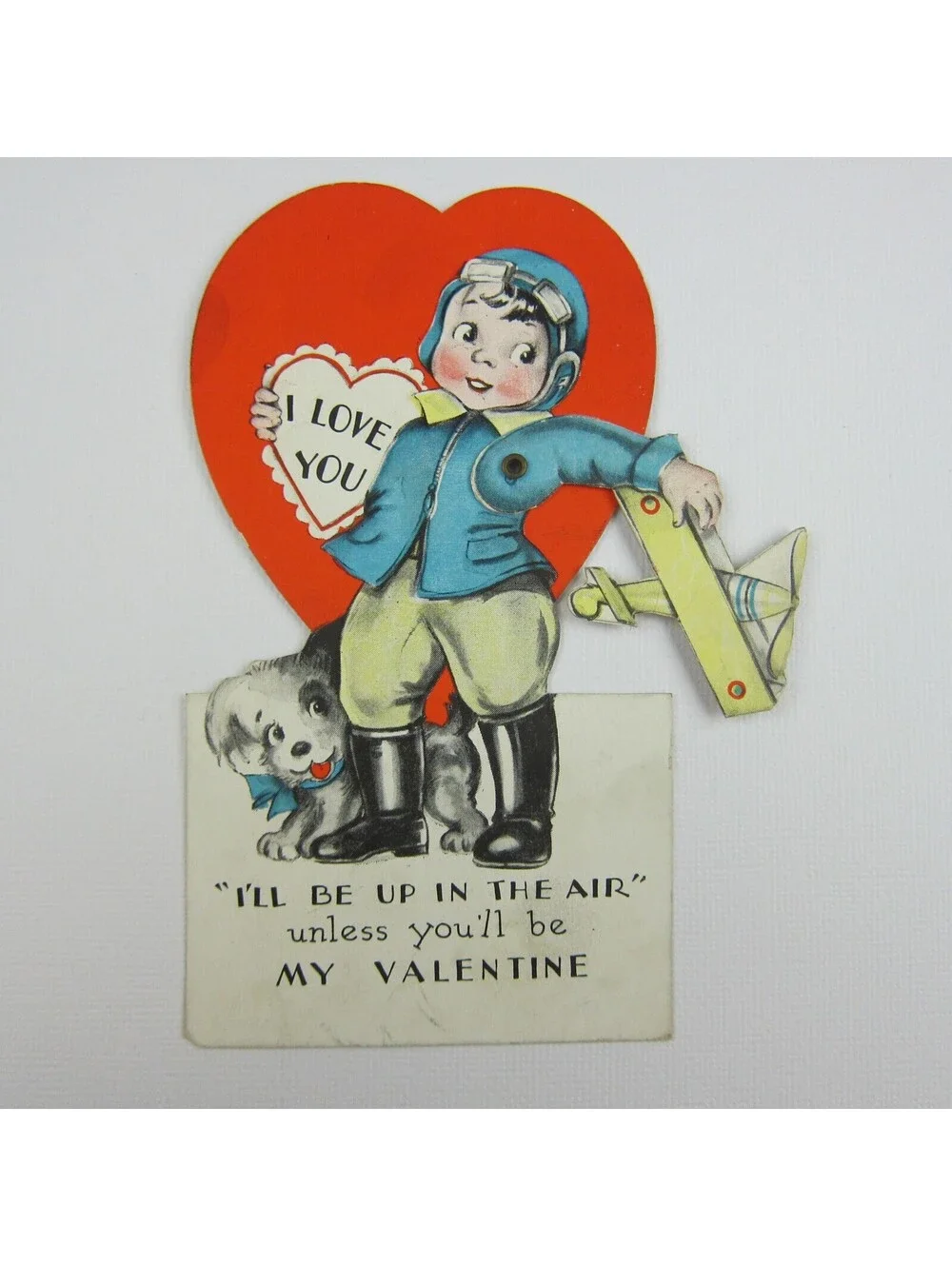 Vintage Valentine Card Mechanical Boy Pilot & Puppy Dog Toy Biplane Moves Heart